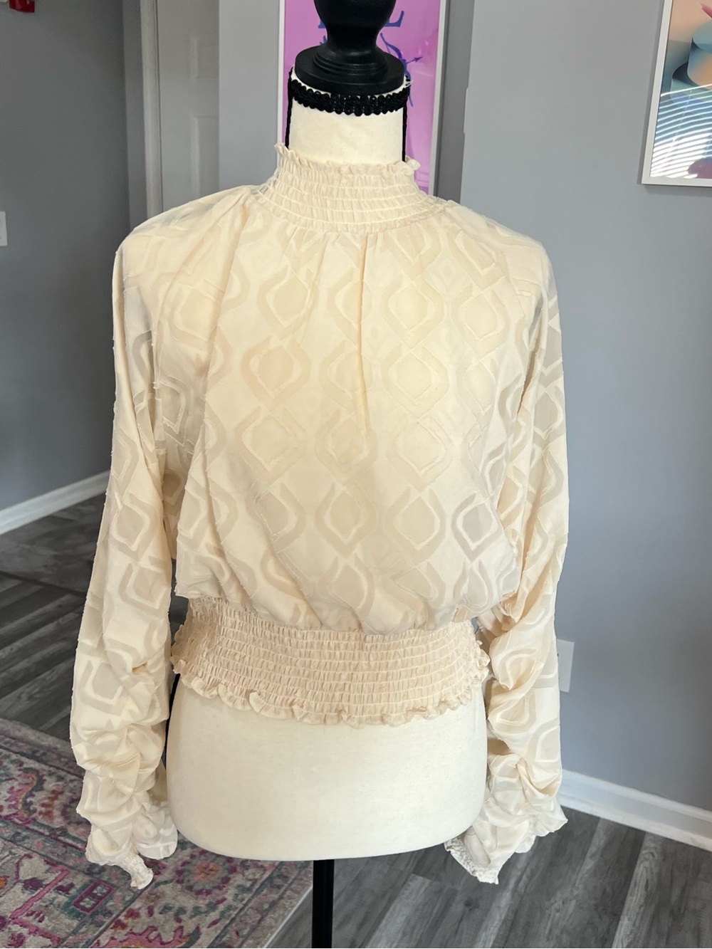 Forever21 Cream High Neck Smocked Sheer Blouse